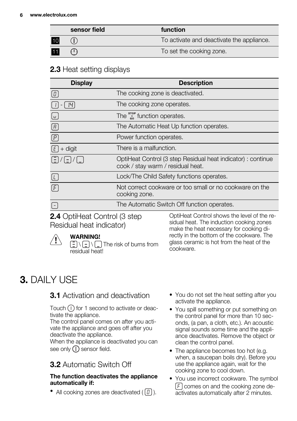 Daily use, 3 heat setting displays, 1 activation and deactivation | 2 automatic switch off | Electrolux EHI8742FOK User Manual | Page 6 / 68