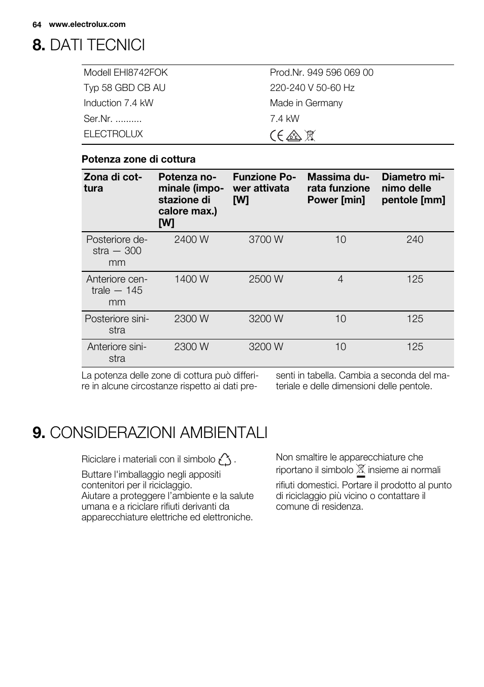 Dati tecnici, Considerazioni ambientali | Electrolux EHI8742FOK User Manual | Page 64 / 68