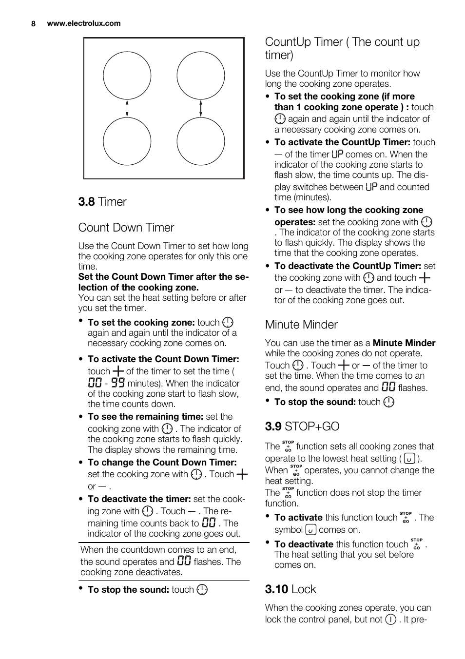 8 timer count down timer, Countup timer ( the count up timer), Minute minder | 9 stop+go, 10 lock | Electrolux EHI8742FOK User Manual | Page 8 / 68