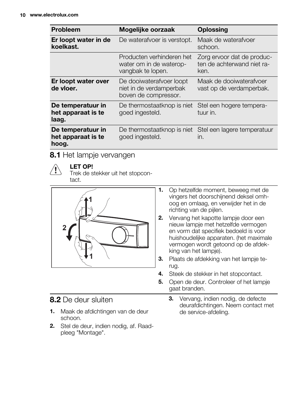 1 het lampje vervangen, 2 de deur sluiten | Electrolux ERN1400AEW User Manual | Page 10 / 56