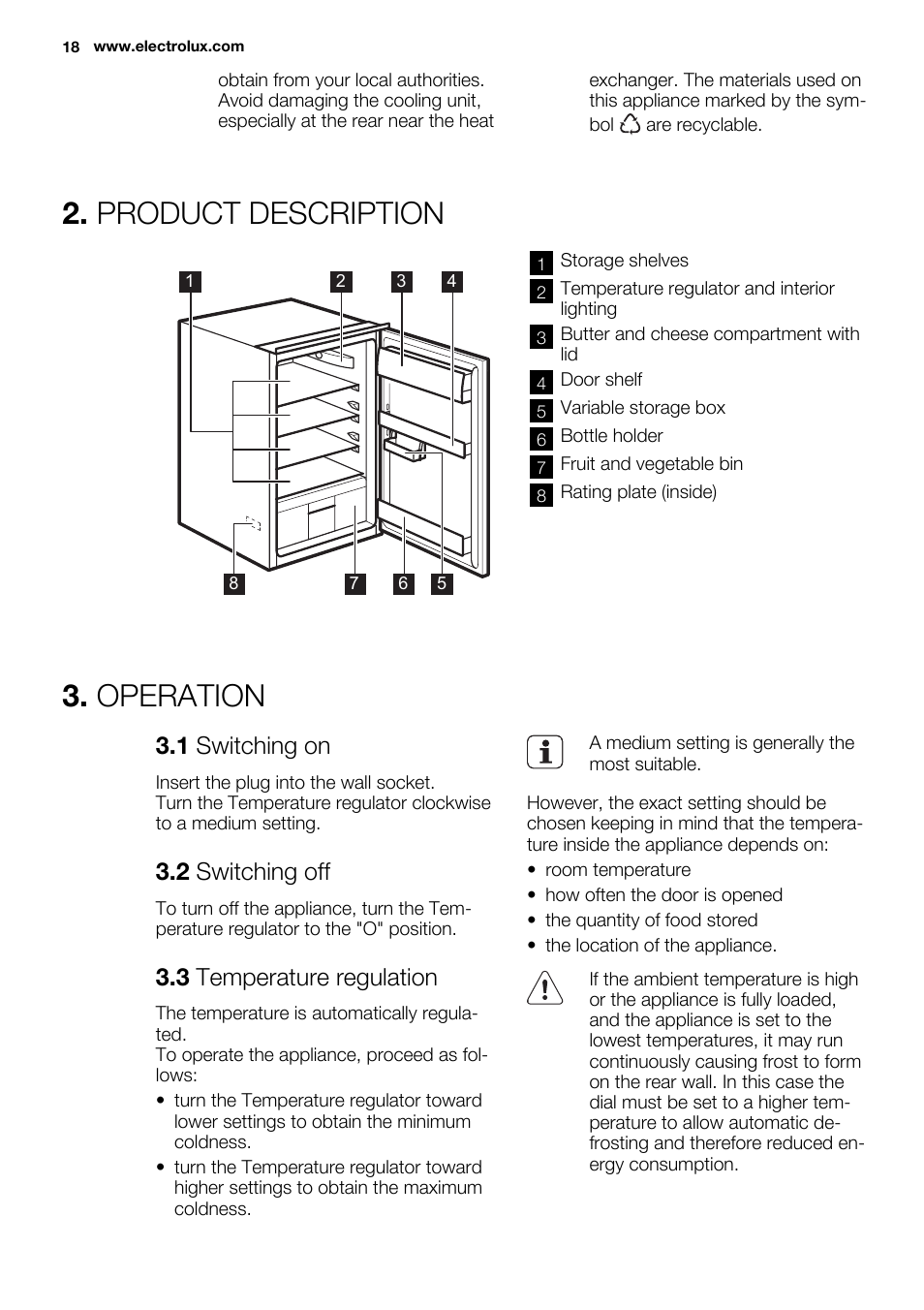 Product description, Operation, 1 switching on | 2 switching off, 3 temperature regulation | Electrolux ERN1400AEW User Manual | Page 18 / 56