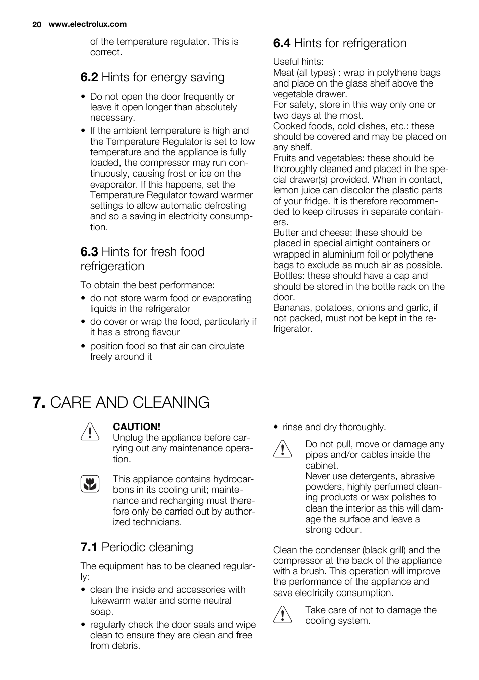 Care and cleaning, 2 hints for energy saving, 3 hints for fresh food refrigeration | 4 hints for refrigeration, 1 periodic cleaning | Electrolux ERN1400AEW User Manual | Page 20 / 56
