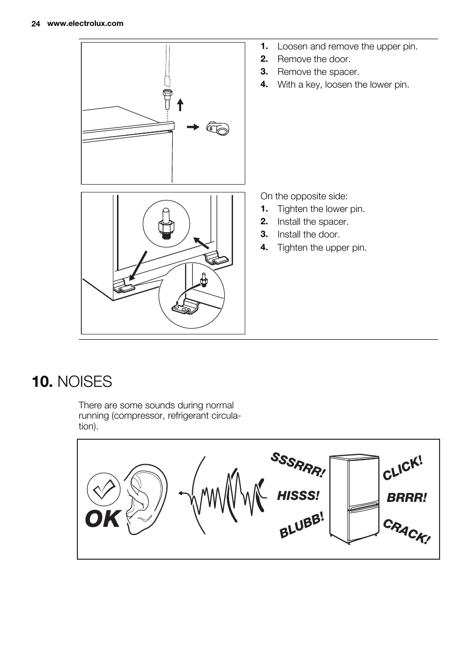 Noises, Brrr! hisss! click! blubb! crack! sssrrr | Electrolux ERN1400AEW User Manual | Page 24 / 56