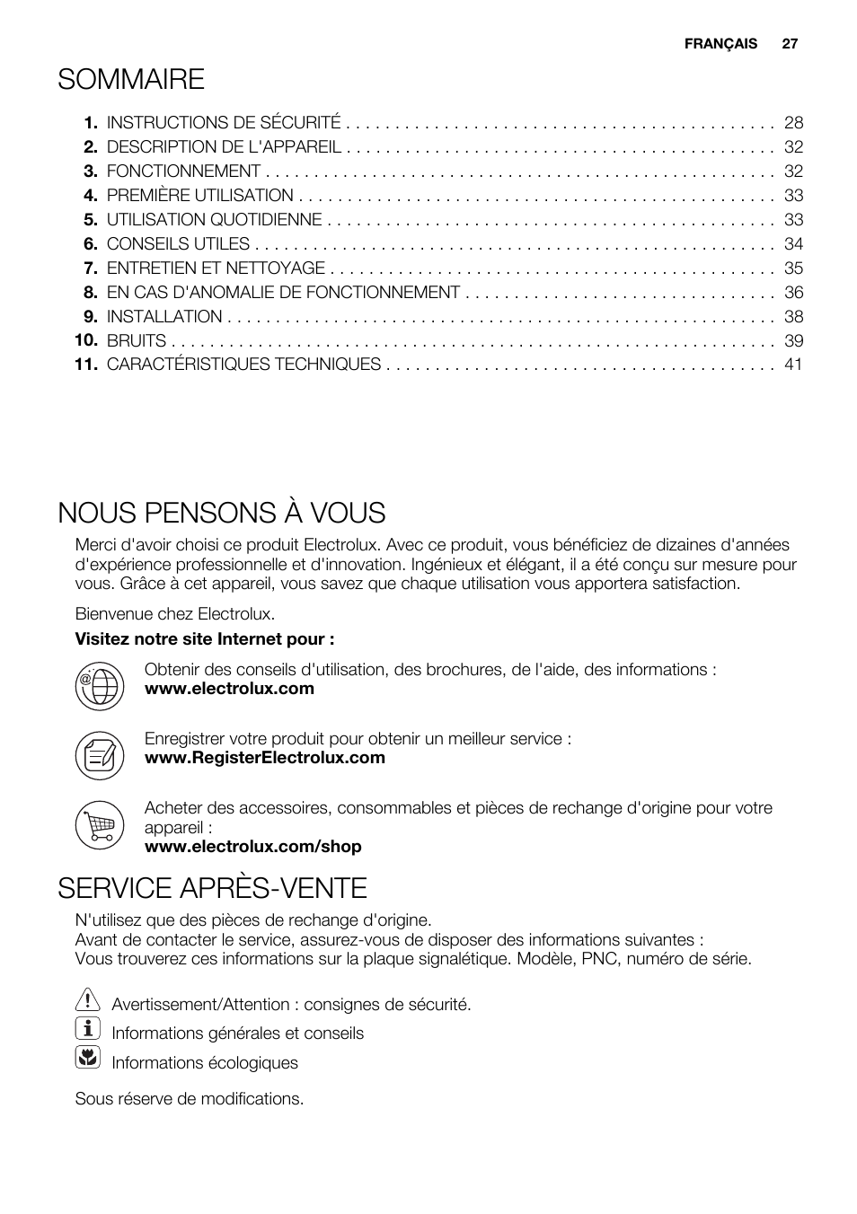 Sommaire, Nous pensons à vous, Service après-vente | Electrolux ERN1400AEW User Manual | Page 27 / 56