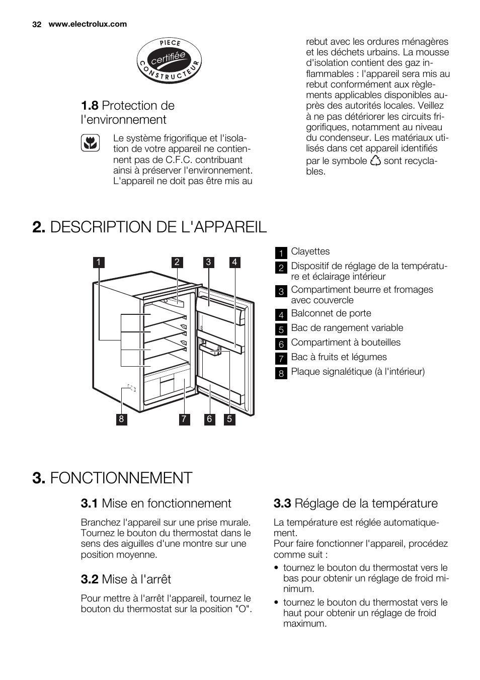 Description de l'appareil, Fonctionnement, 8 protection de l'environnement | 1 mise en fonctionnement, 2 mise à l'arrêt, 3 réglage de la température | Electrolux ERN1400AEW User Manual | Page 32 / 56