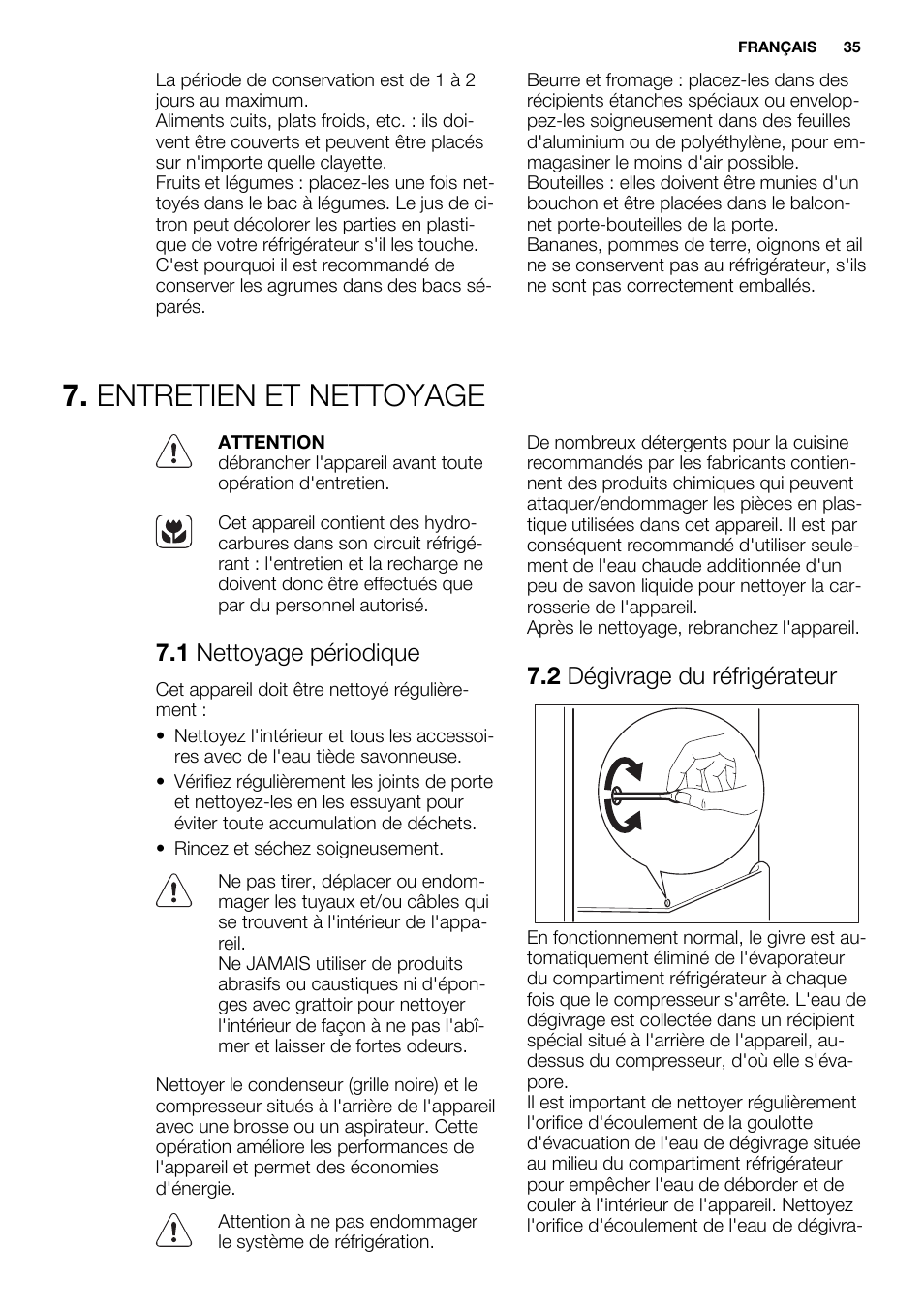 Entretien et nettoyage, 1 nettoyage périodique, 2 dégivrage du réfrigérateur | Electrolux ERN1400AEW User Manual | Page 35 / 56