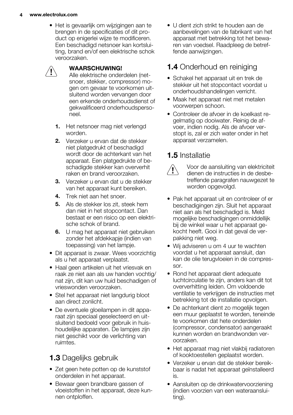 3 dagelijks gebruik, 4 onderhoud en reiniging, 5 installatie | Electrolux ERN1400AEW User Manual | Page 4 / 56