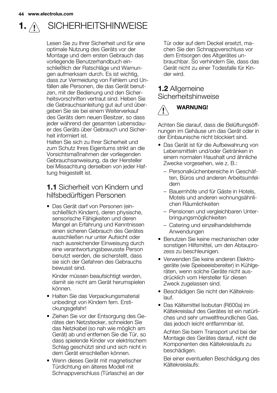 Sicherheitshinweise, 2 allgemeine sicherheitshinweise | Electrolux ERN1400AEW User Manual | Page 44 / 56