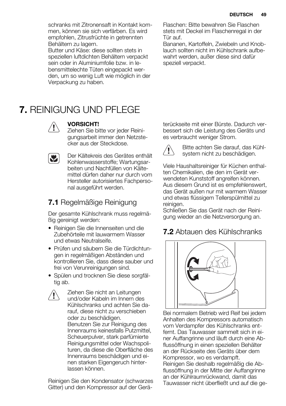 Reinigung und pflege, 1 regelmäßige reinigung, 2 abtauen des kühlschranks | Electrolux ERN1400AEW User Manual | Page 49 / 56