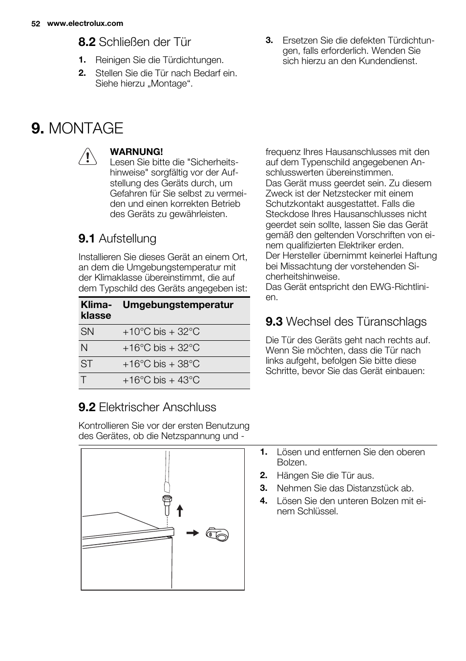 Montage, 2 schließen der tür, 1 aufstellung | 2 elektrischer anschluss, 3 wechsel des türanschlags | Electrolux ERN1400AEW User Manual | Page 52 / 56
