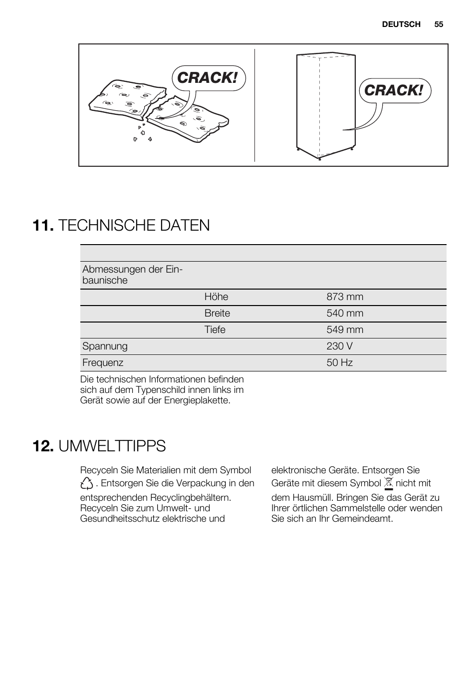 Technische daten, Umwelttipps, Crack | Electrolux ERN1400AEW User Manual | Page 55 / 56
