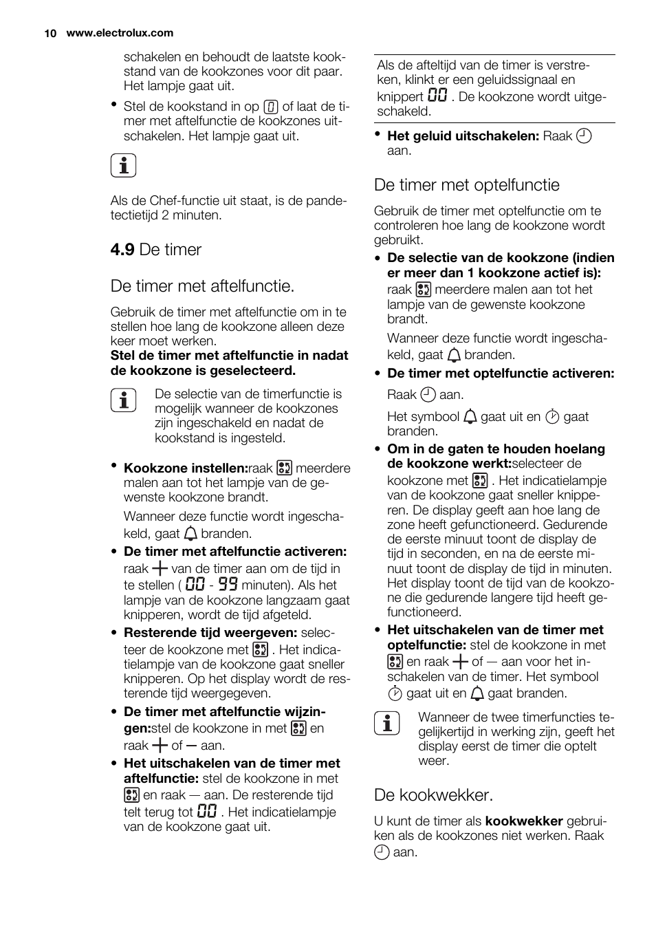 9 de timer de timer met aftelfunctie, De timer met optelfunctie, De kookwekker | Electrolux EHH9967FOG User Manual | Page 10 / 80