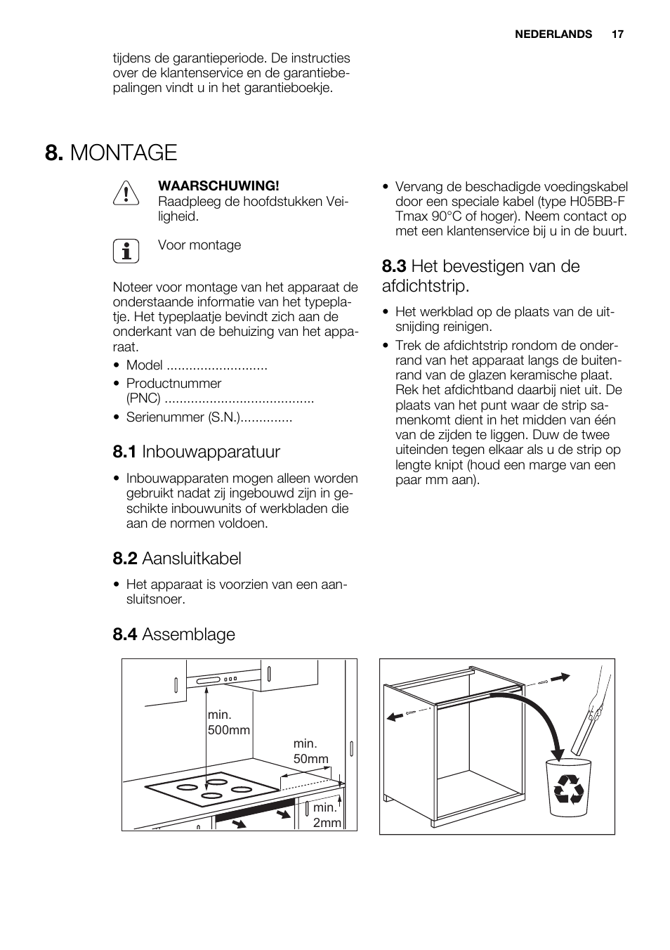 Montage, 1 inbouwapparatuur, 2 aansluitkabel | 3 het bevestigen van de afdichtstrip, 4 assemblage | Electrolux EHH9967FOG User Manual | Page 17 / 80
