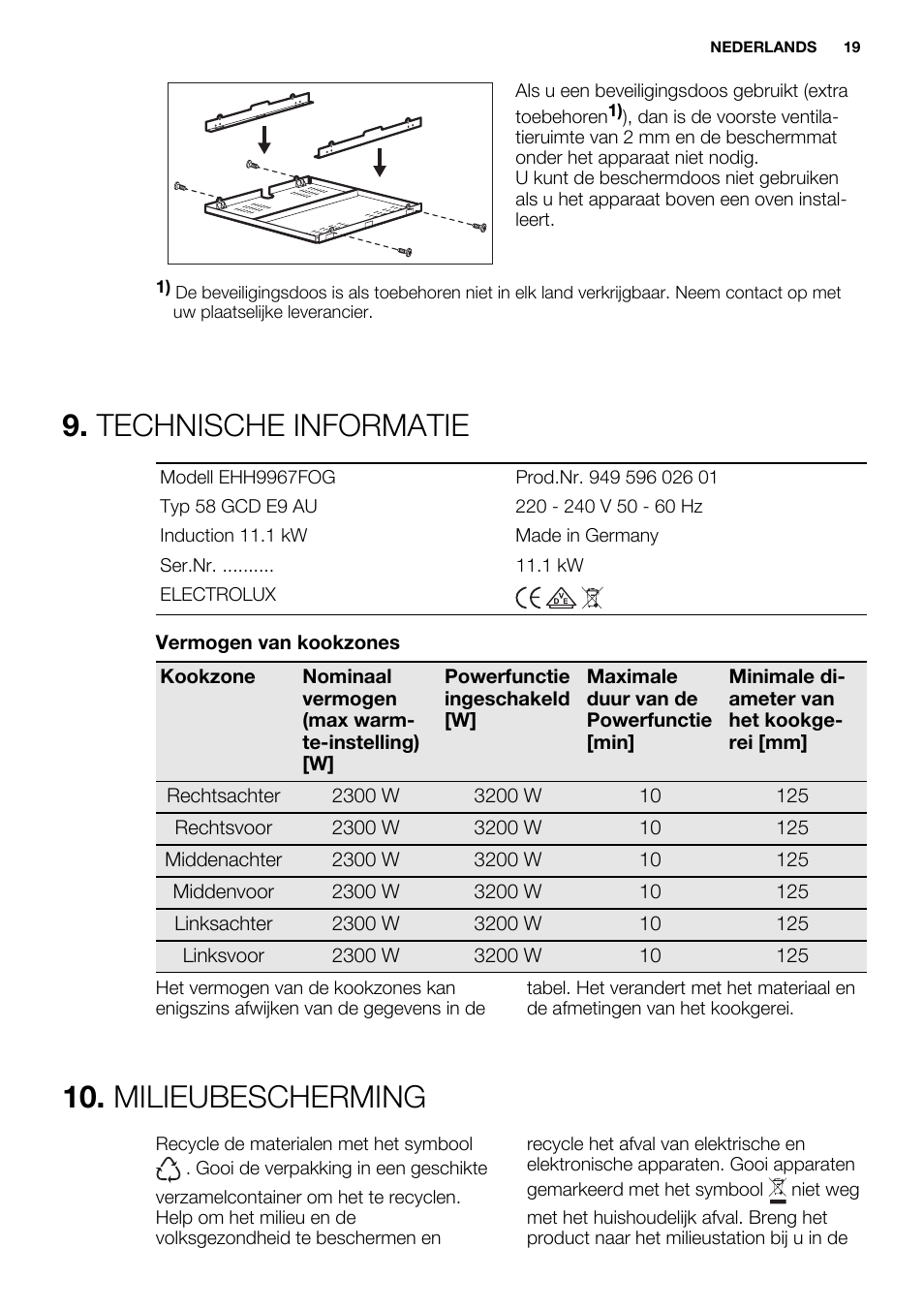 Technische informatie, Milieubescherming | Electrolux EHH9967FOG User Manual | Page 19 / 80