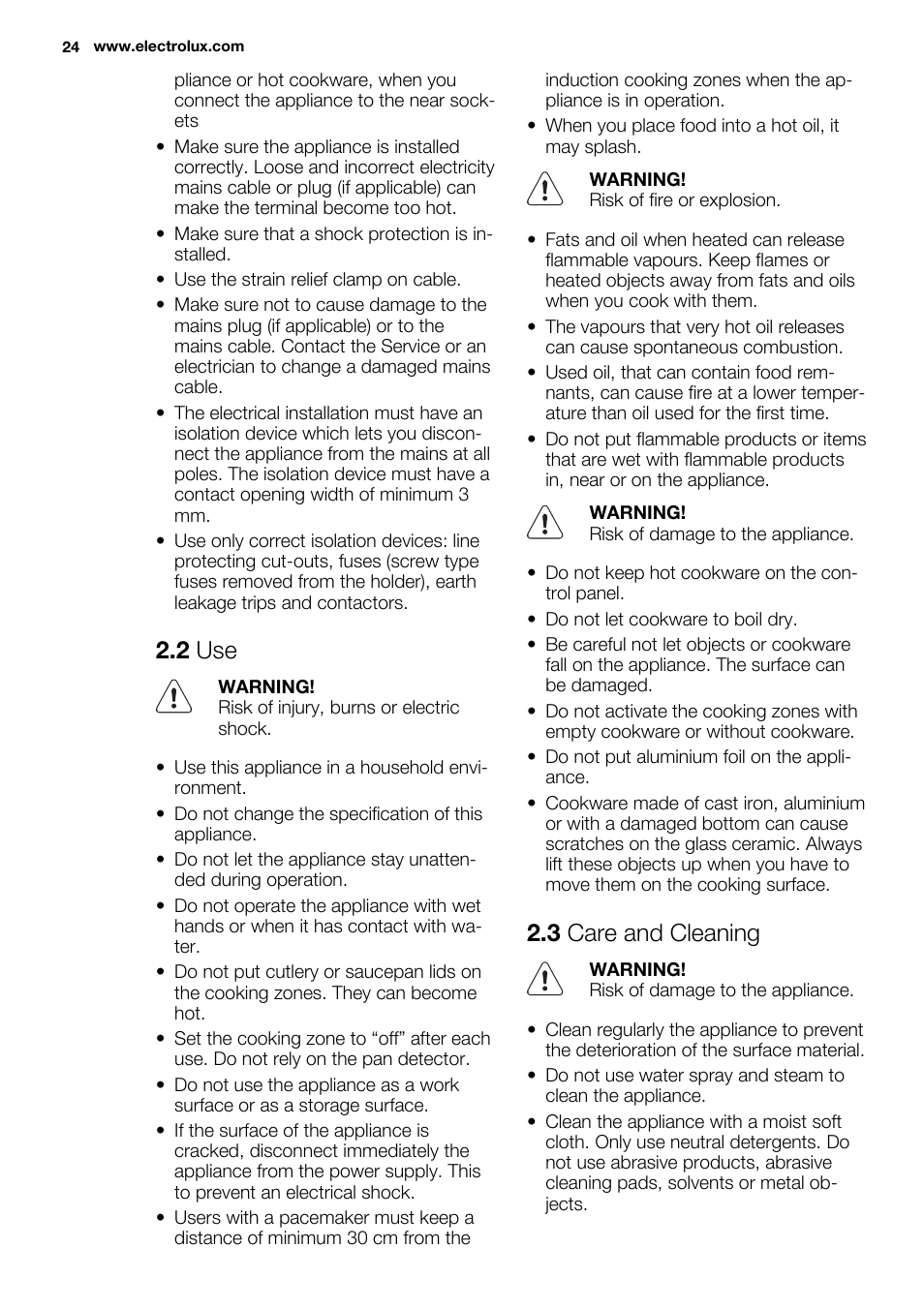 2 use, 3 care and cleaning | Electrolux EHH9967FOG User Manual | Page 24 / 80