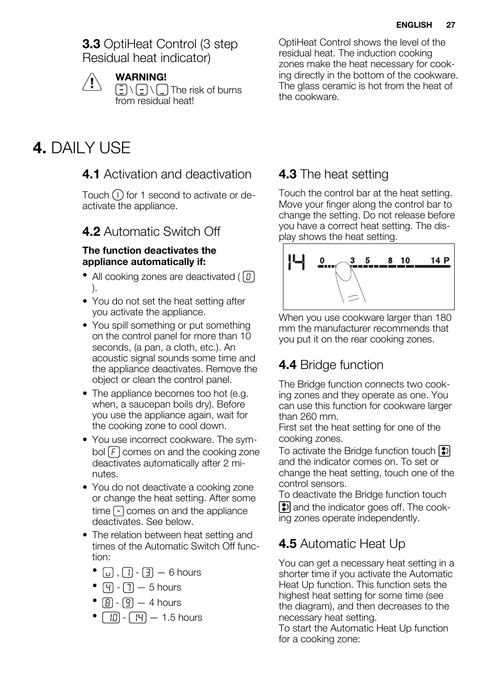 Daily use, 1 activation and deactivation, 2 automatic switch off | 3 the heat setting, 4 bridge function, 5 automatic heat up | Electrolux EHH9967FOG User Manual | Page 27 / 80