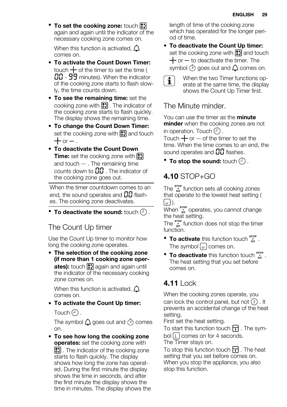 The count up timer, The minute minder, 10 stop+go | 11 lock | Electrolux EHH9967FOG User Manual | Page 29 / 80