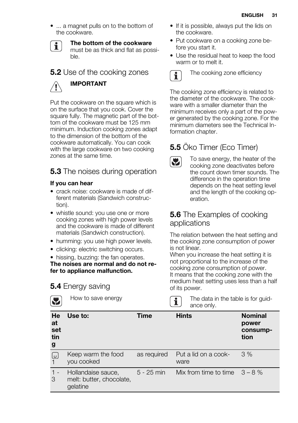 2 use of the cooking zones, 3 the noises during operation, 4 energy saving | 5 öko timer (eco timer), 6 the examples of cooking applications | Electrolux EHH9967FOG User Manual | Page 31 / 80