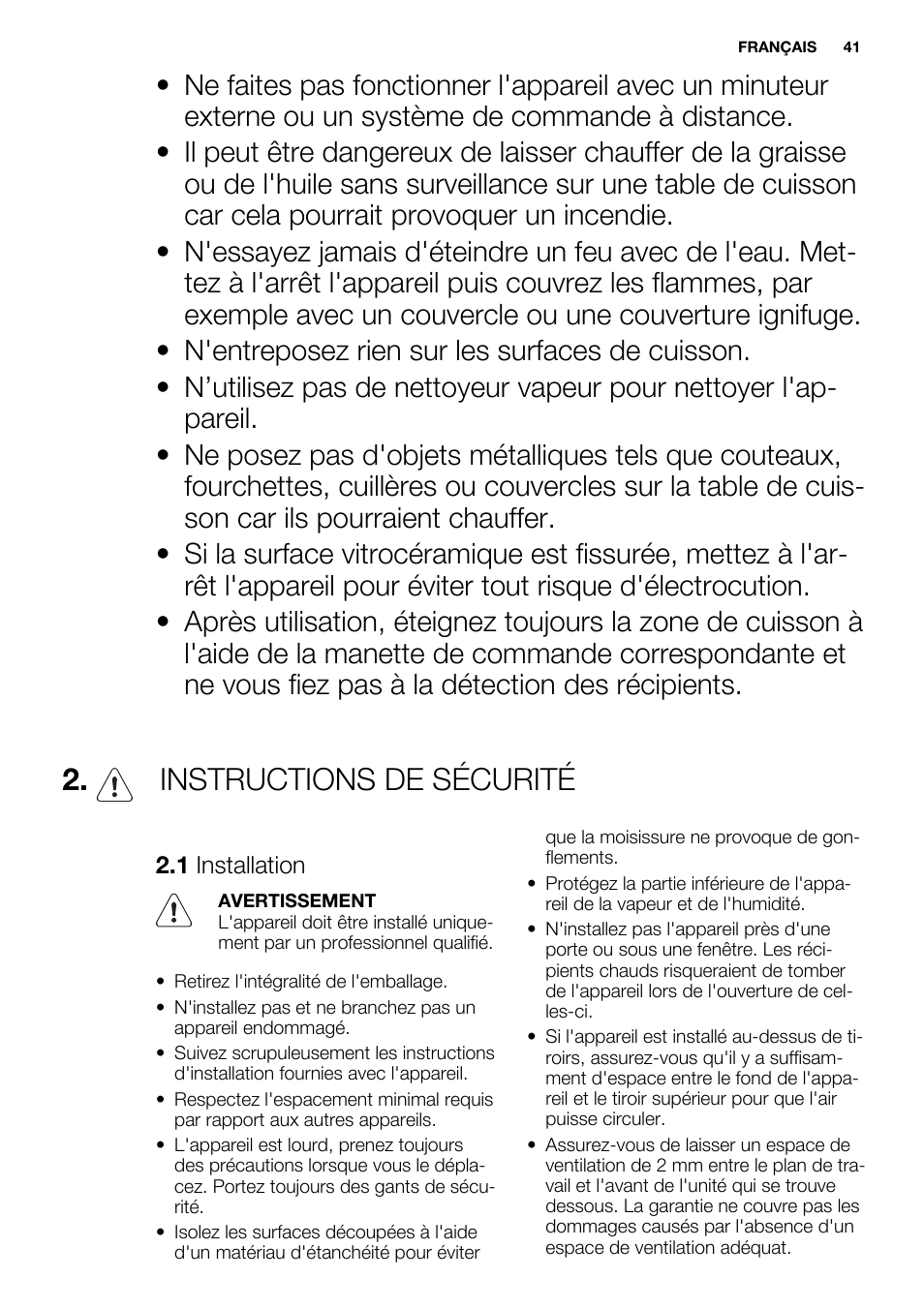 Instructions de sécurité | Electrolux EHH9967FOG User Manual | Page 41 / 80