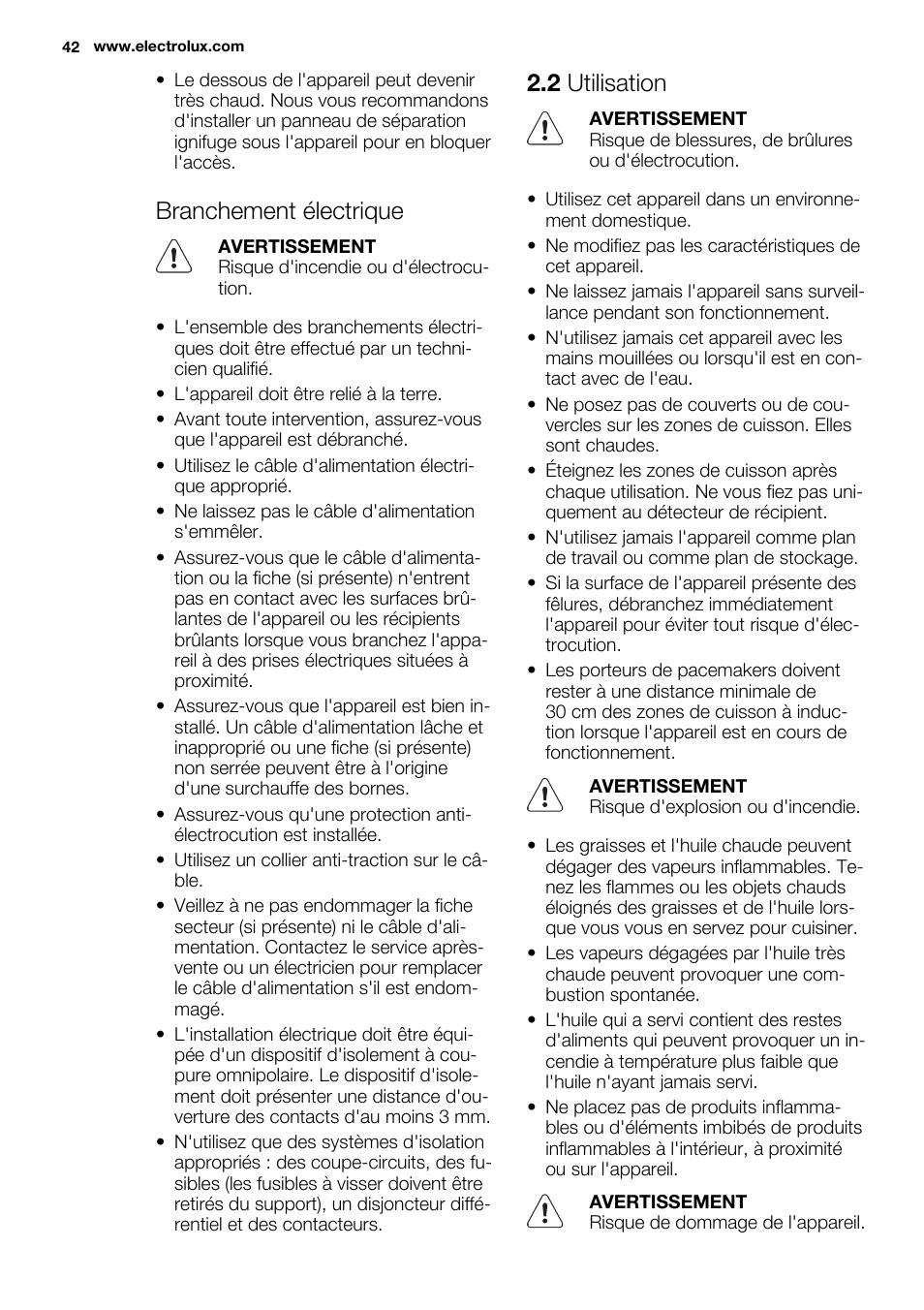 Branchement électrique, 2 utilisation | Electrolux EHH9967FOG User Manual | Page 42 / 80