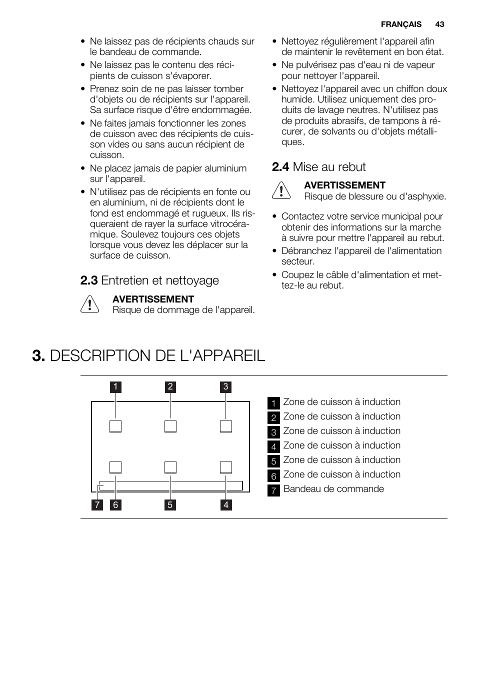 Description de l'appareil, 3 entretien et nettoyage, 4 mise au rebut | Electrolux EHH9967FOG User Manual | Page 43 / 80