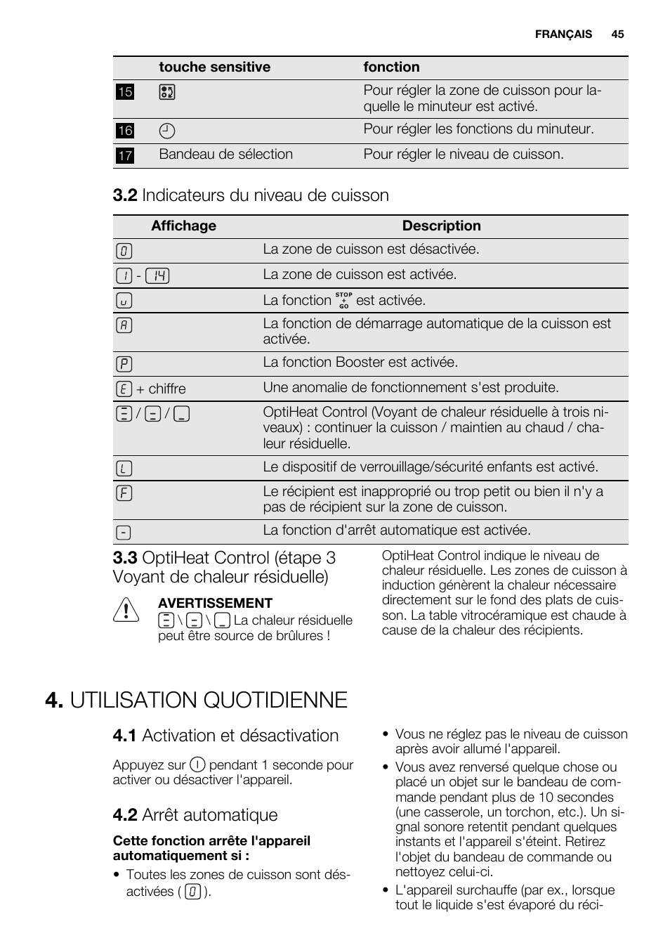 Utilisation quotidienne, 2 indicateurs du niveau de cuisson, 1 activation et désactivation | 2 arrêt automatique | Electrolux EHH9967FOG User Manual | Page 45 / 80