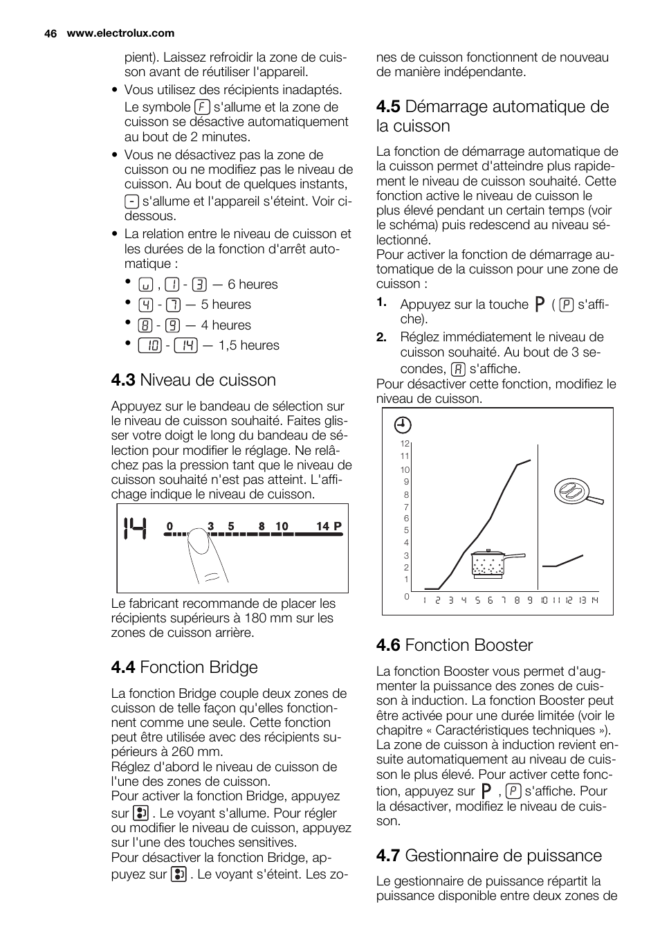 3 niveau de cuisson, 4 fonction bridge, 5 démarrage automatique de la cuisson | 6 fonction booster, 7 gestionnaire de puissance | Electrolux EHH9967FOG User Manual | Page 46 / 80