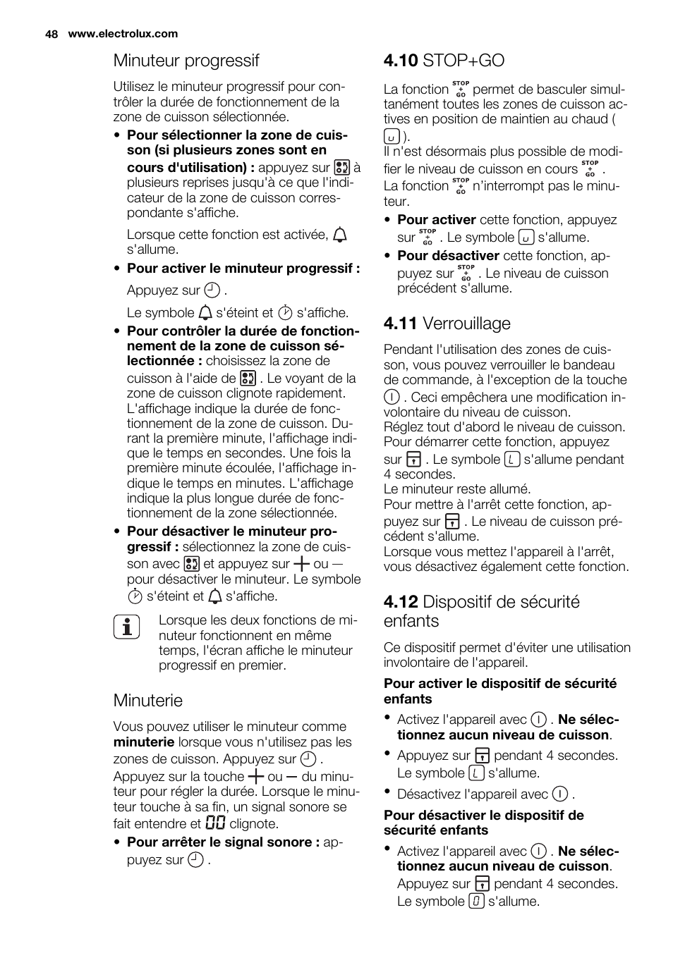 Minuteur progressif, Minuterie, 10 stop+go | 11 verrouillage, 12 dispositif de sécurité enfants | Electrolux EHH9967FOG User Manual | Page 48 / 80