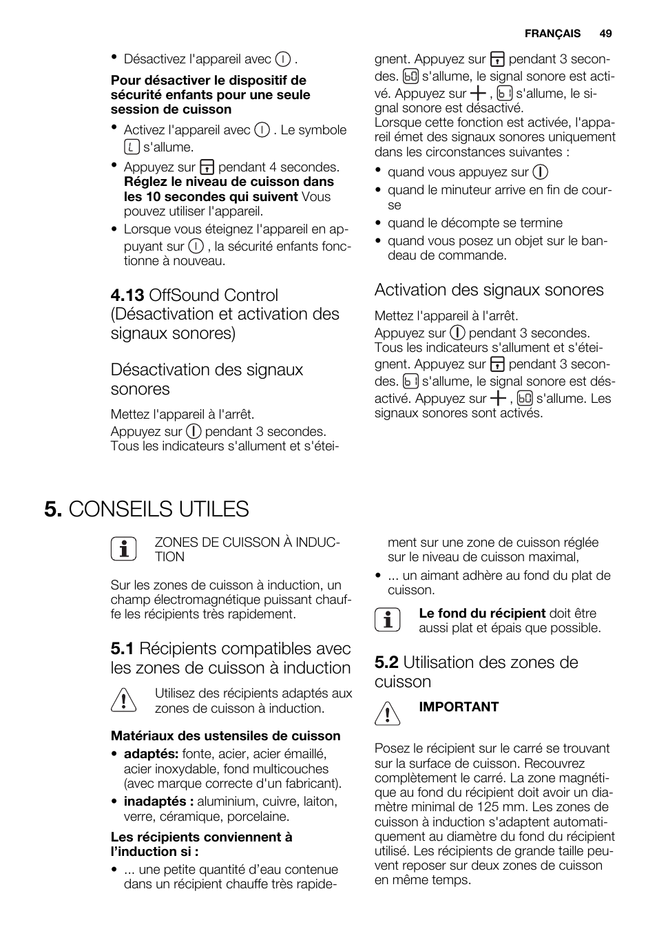 Conseils utiles, Activation des signaux sonores, 2 utilisation des zones de cuisson | Electrolux EHH9967FOG User Manual | Page 49 / 80