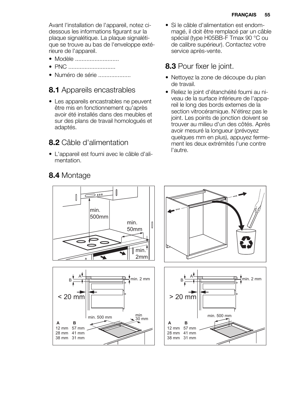 1 appareils encastrables, 2 câble d'alimentation, 3 pour fixer le joint | 4 montage, 20 mm | Electrolux EHH9967FOG User Manual | Page 55 / 80