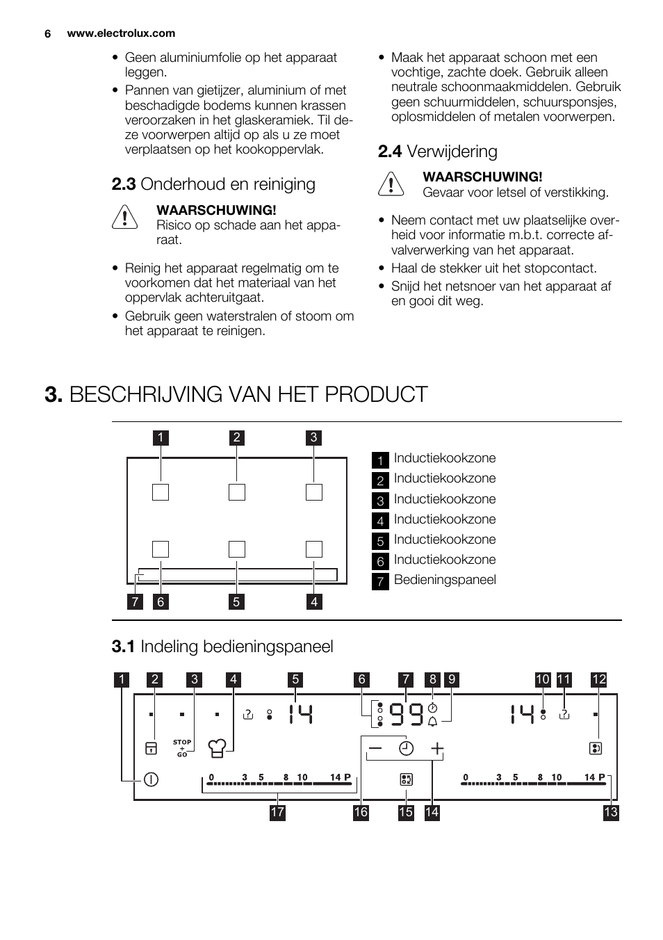 Beschrijving van het product, 3 onderhoud en reiniging, 4 verwijdering | 1 indeling bedieningspaneel | Electrolux EHH9967FOG User Manual | Page 6 / 80