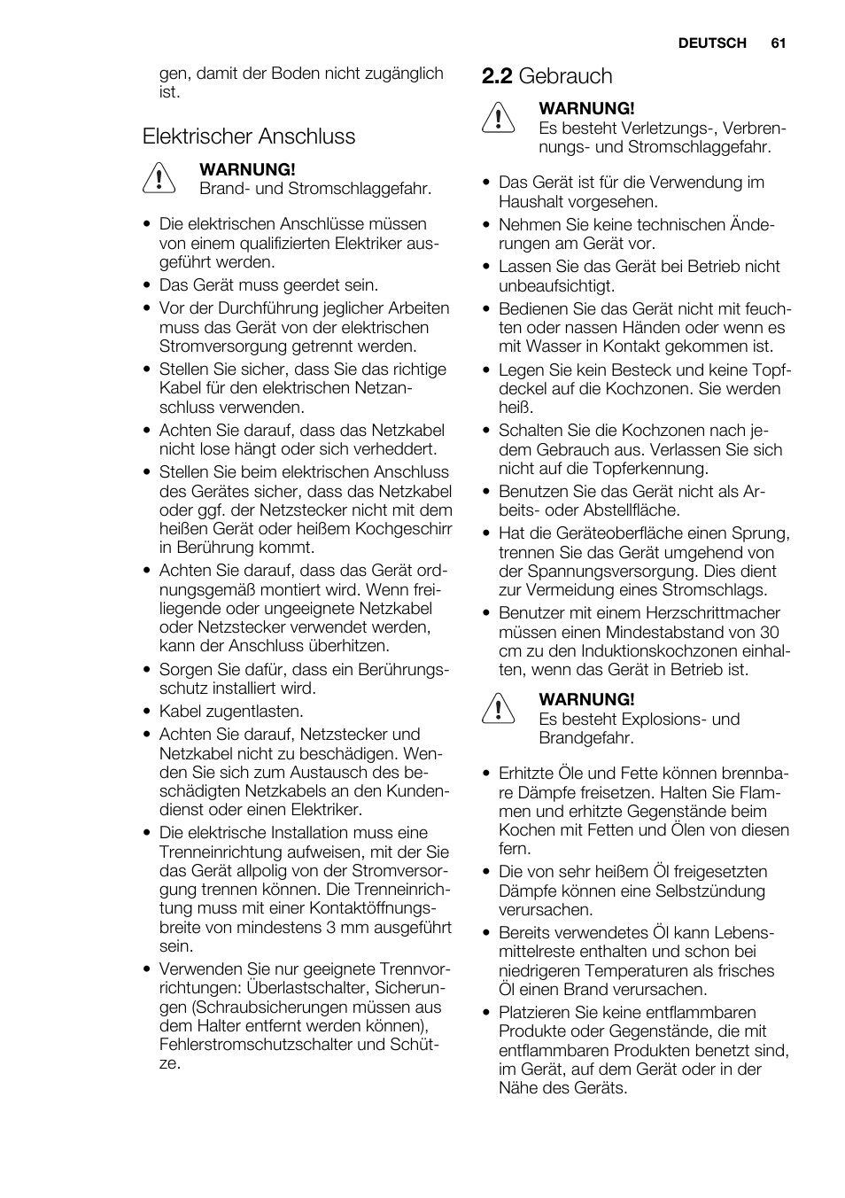 Elektrischer anschluss, 2 gebrauch | Electrolux EHH9967FOG User Manual | Page 61 / 80