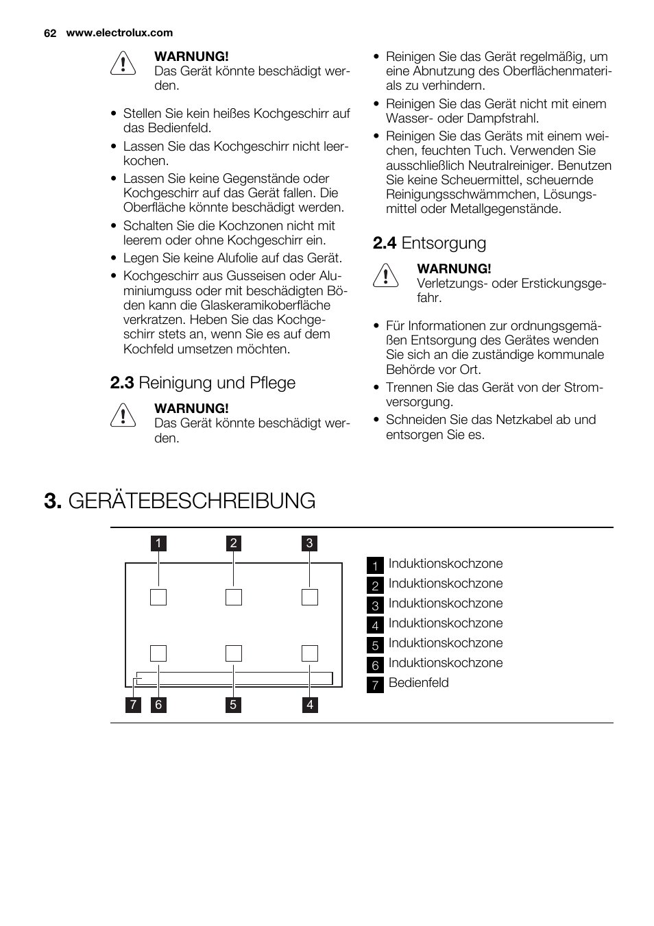 Gerätebeschreibung, 3 reinigung und pflege, 4 entsorgung | Electrolux EHH9967FOG User Manual | Page 62 / 80