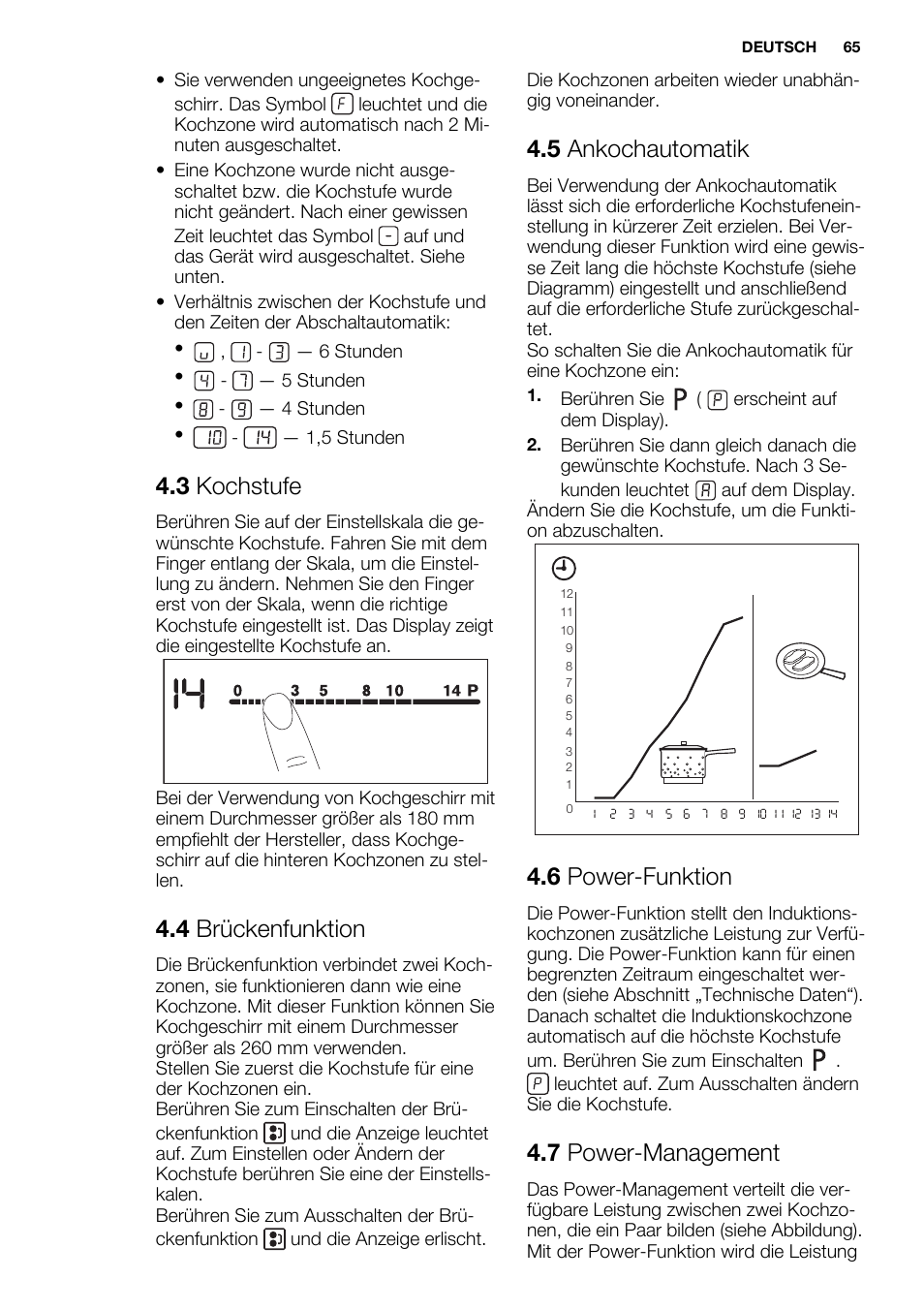 3 kochstufe, 4 brückenfunktion, 5 ankochautomatik | 6 power-funktion, 7 power-management | Electrolux EHH9967FOG User Manual | Page 65 / 80
