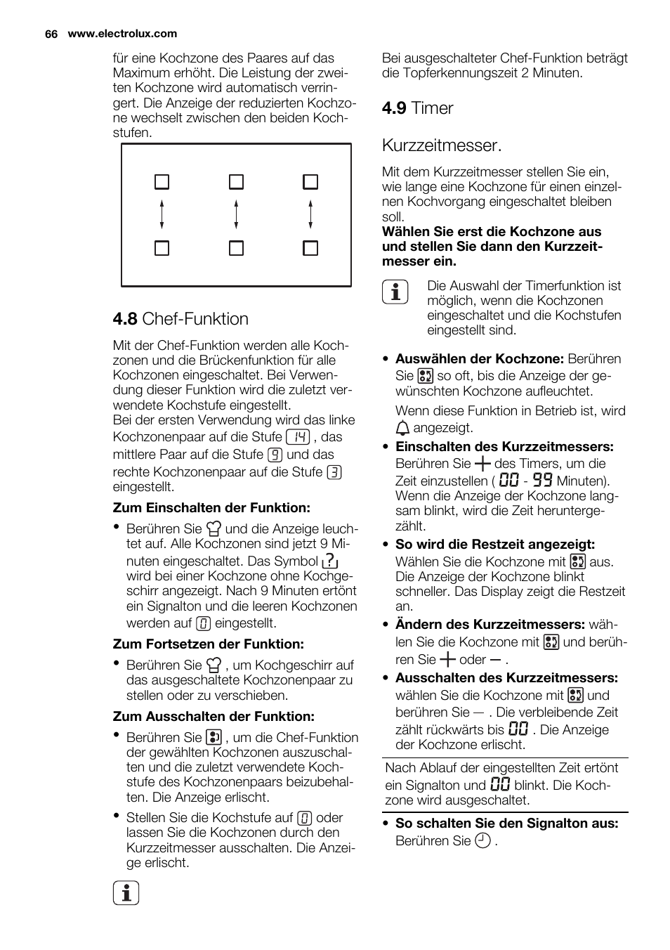 8 chef-funktion, 9 timer kurzzeitmesser | Electrolux EHH9967FOG User Manual | Page 66 / 80