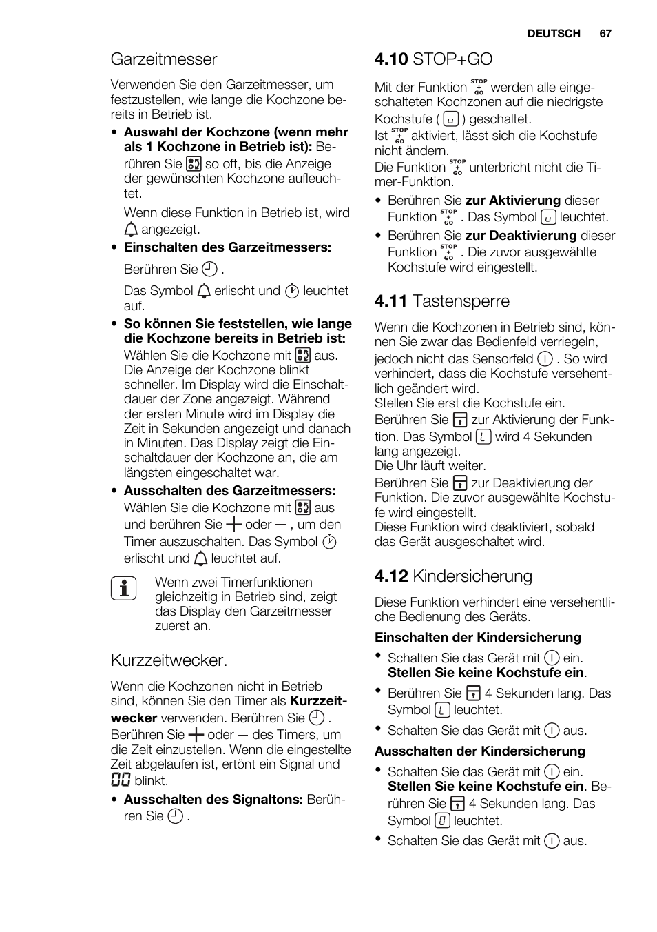 Garzeitmesser, Kurzzeitwecker, 10 stop+go | 11 tastensperre, 12 kindersicherung | Electrolux EHH9967FOG User Manual | Page 67 / 80