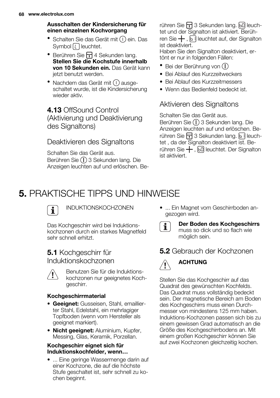 Praktische tipps und hinweise, Aktivieren des signaltons, 1 kochgeschirr für induktionskochzonen | 2 gebrauch der kochzonen | Electrolux EHH9967FOG User Manual | Page 68 / 80