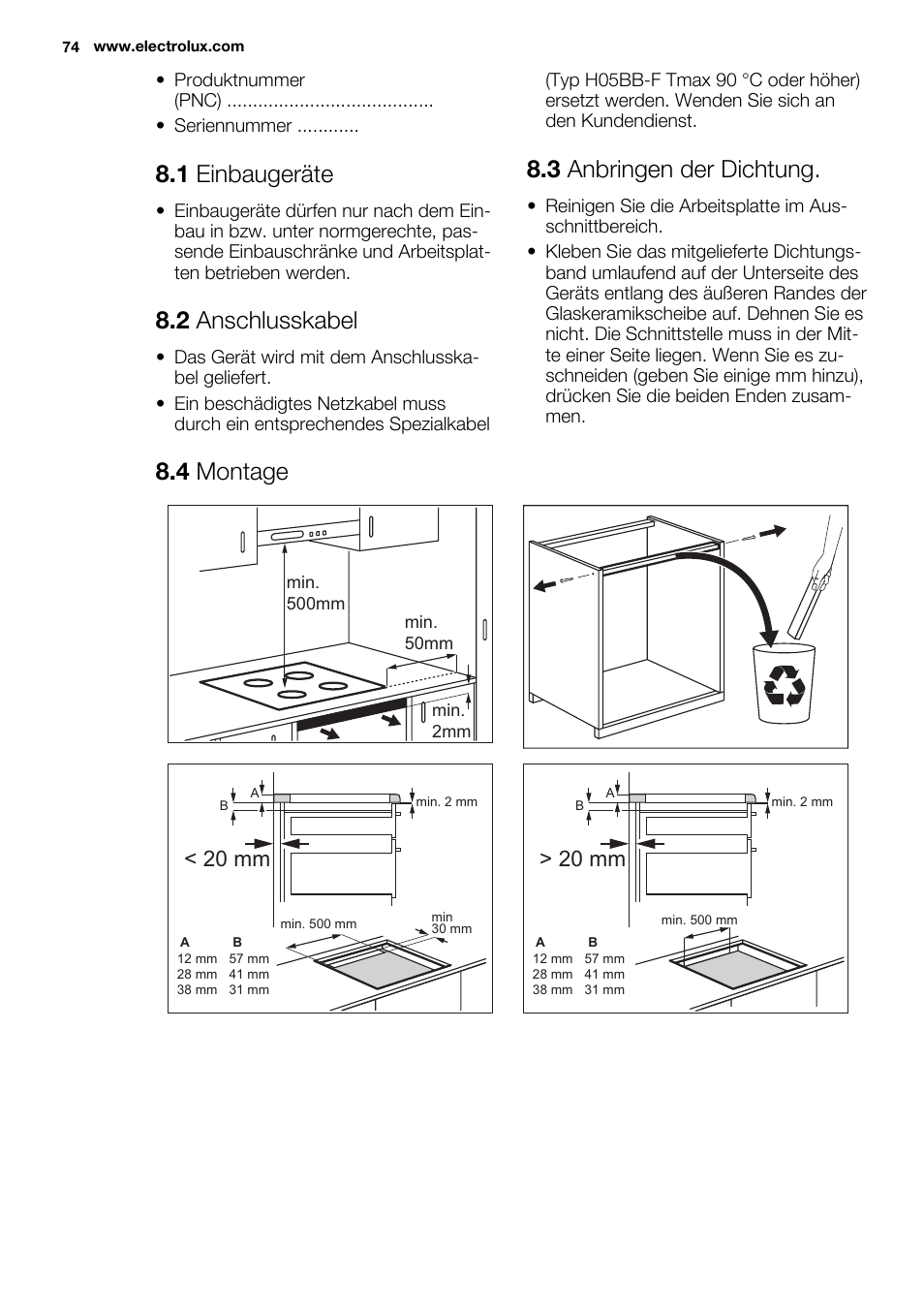 1 einbaugeräte, 2 anschlusskabel, 3 anbringen der dichtung | 4 montage, 20 mm | Electrolux EHH9967FOG User Manual | Page 74 / 80