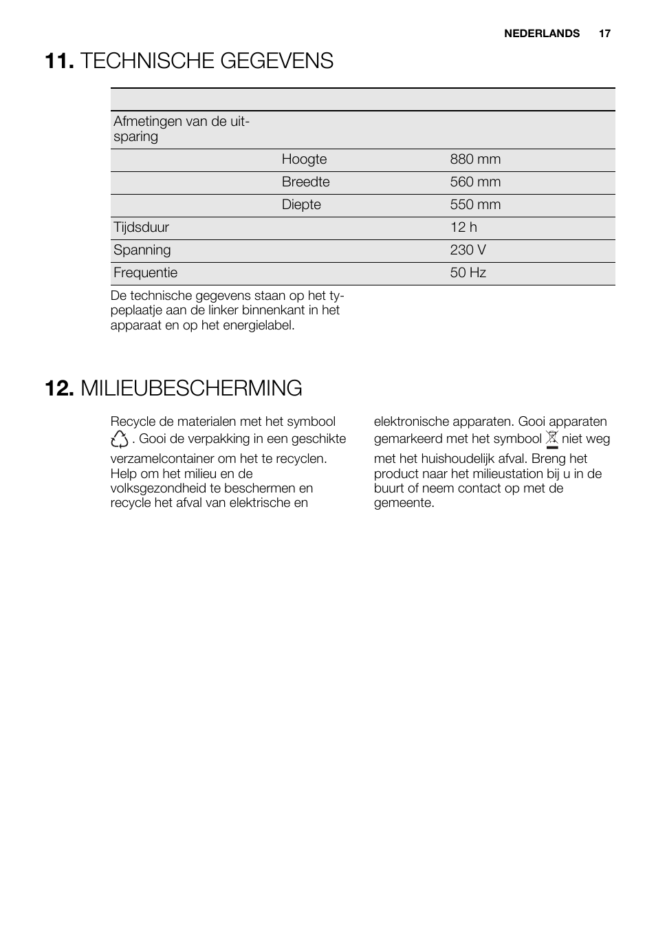 Technische gegevens, Milieubescherming | Electrolux ERN1404FOW User Manual | Page 17 / 68
