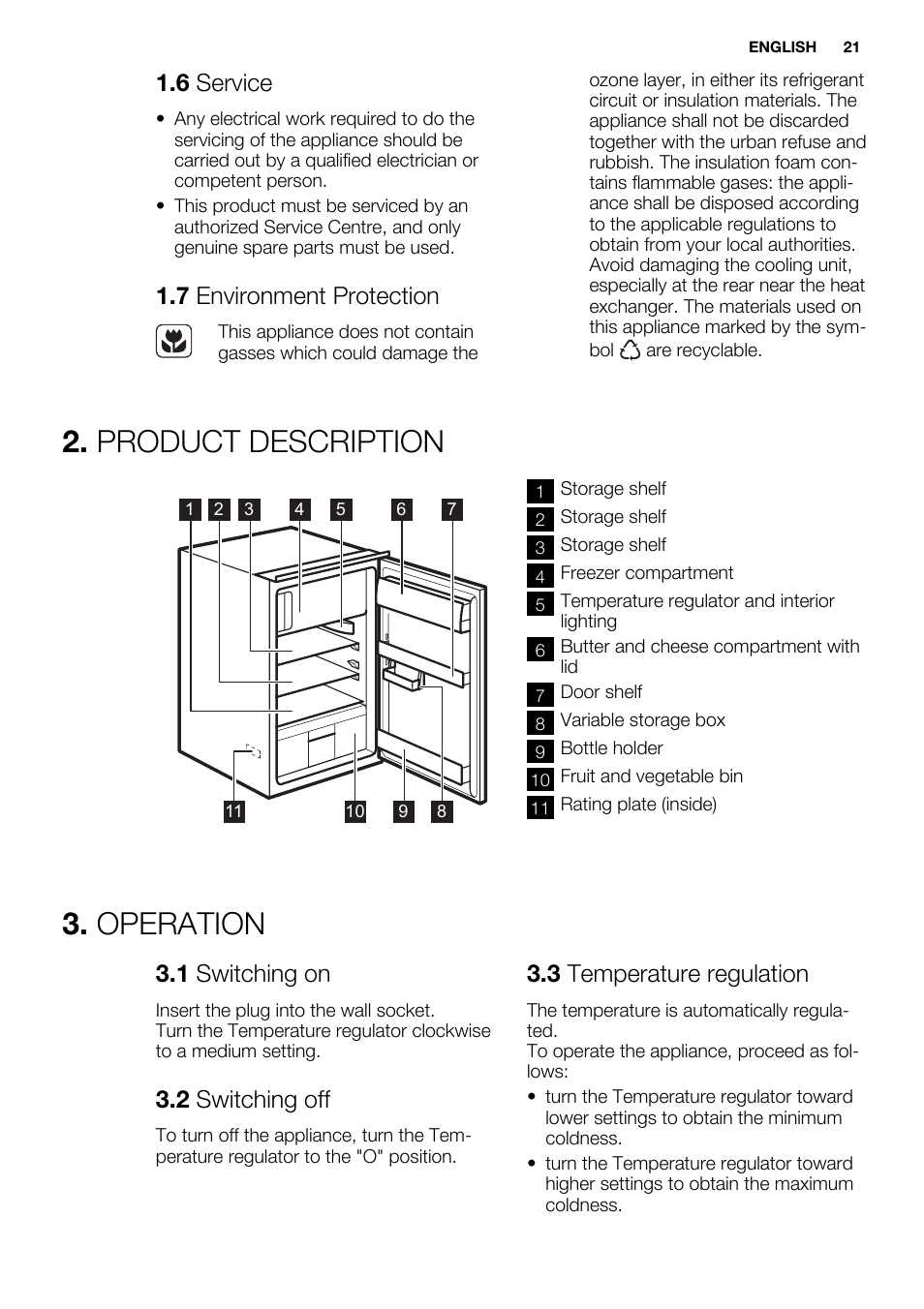 Product description, Operation, 6 service | 7 environment protection, 1 switching on, 2 switching off, 3 temperature regulation | Electrolux ERN1404FOW User Manual | Page 21 / 68