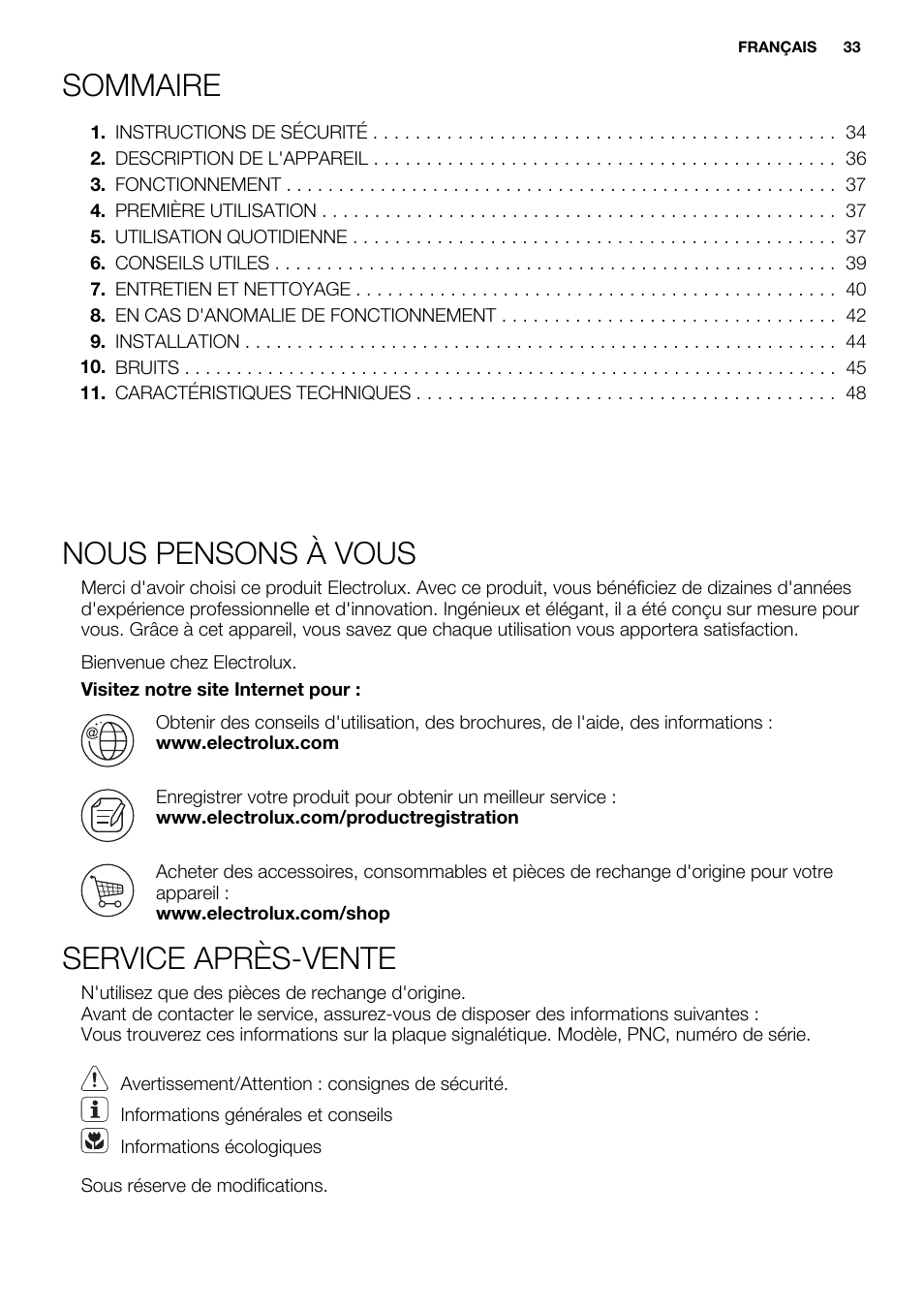 Sommaire, Nous pensons à vous, Service après-vente | Electrolux ERN1404FOW User Manual | Page 33 / 68