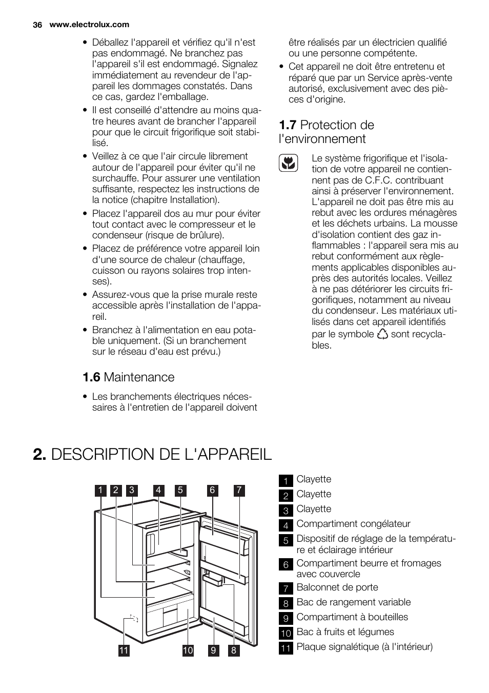 Description de l'appareil, 6 maintenance, 7 protection de l'environnement | Electrolux ERN1404FOW User Manual | Page 36 / 68