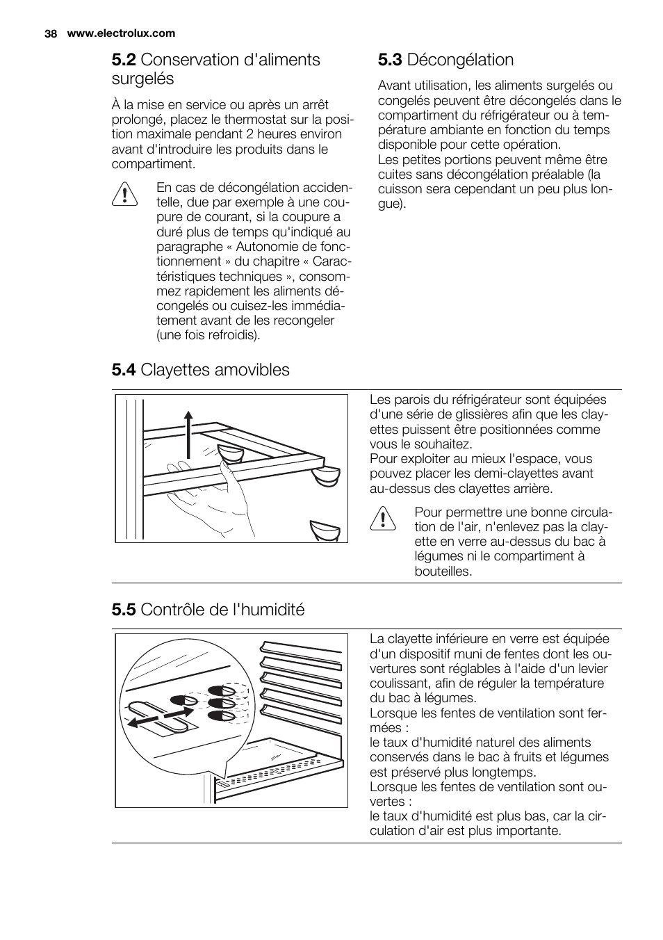 2 conservation d'aliments surgelés, 3 décongélation, 4 clayettes amovibles | 5 contrôle de l'humidité | Electrolux ERN1404FOW User Manual | Page 38 / 68