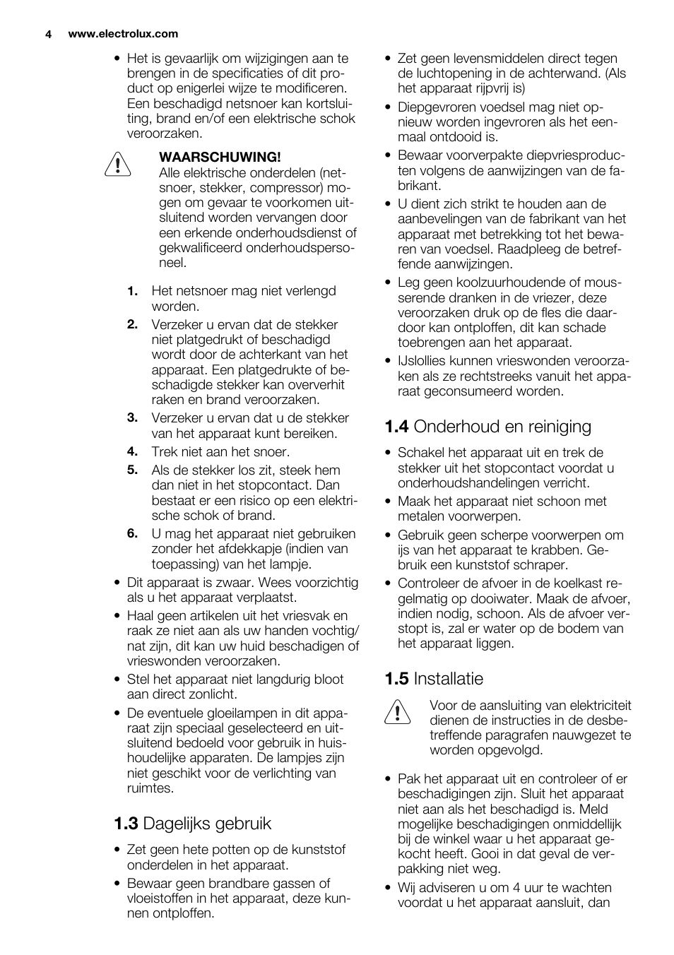 3 dagelijks gebruik, 4 onderhoud en reiniging, 5 installatie | Electrolux ERN1404FOW User Manual | Page 4 / 68