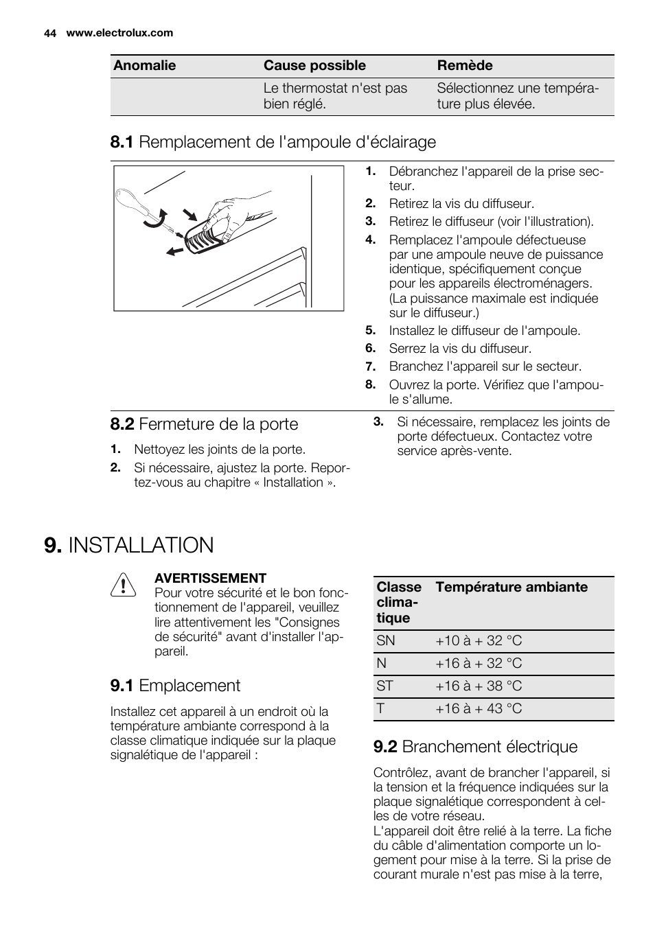 Installation, 1 remplacement de l'ampoule d'éclairage, 2 fermeture de la porte | 1 emplacement, 2 branchement électrique | Electrolux ERN1404FOW User Manual | Page 44 / 68