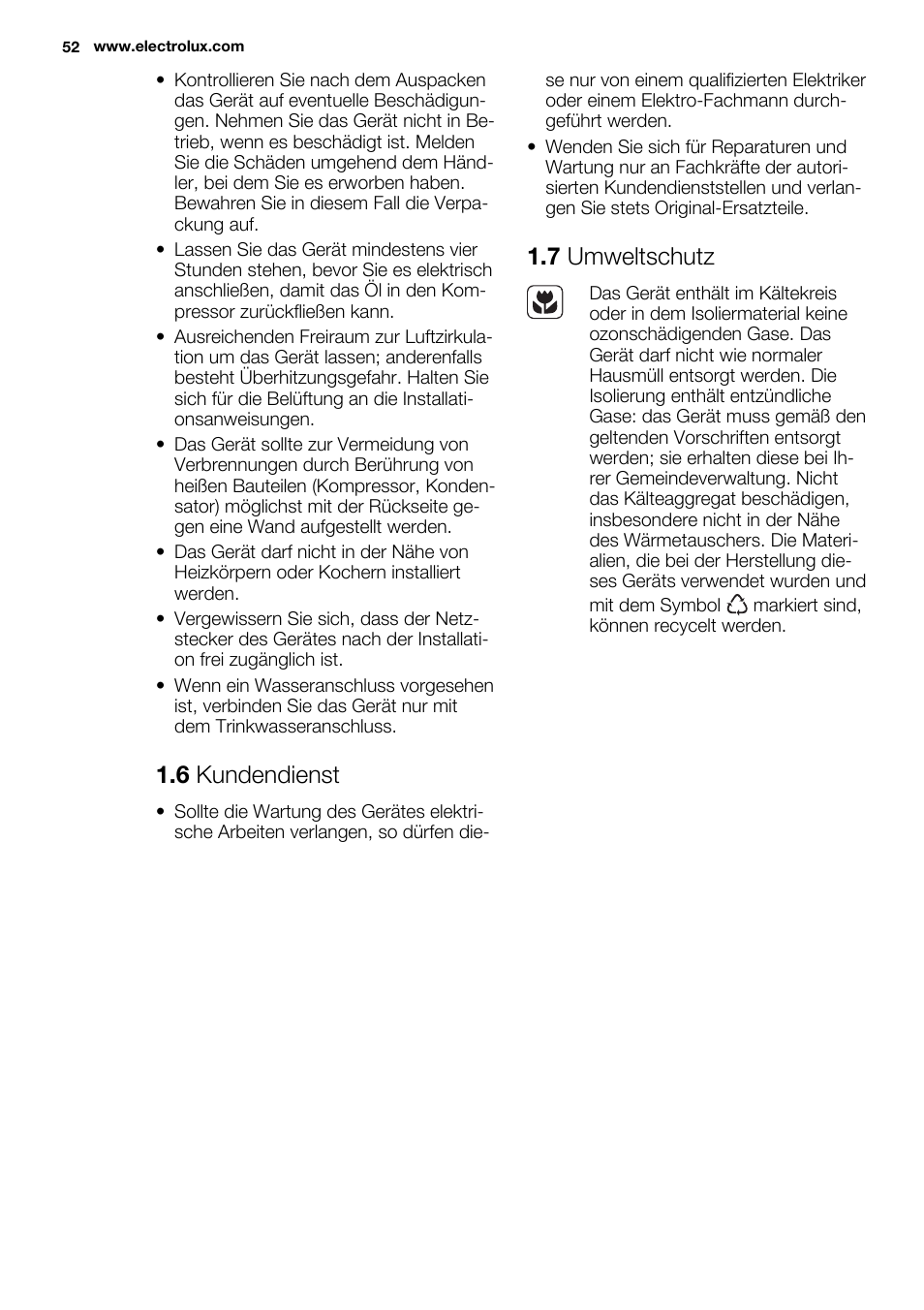 6 kundendienst, 7 umweltschutz | Electrolux ERN1404FOW User Manual | Page 52 / 68