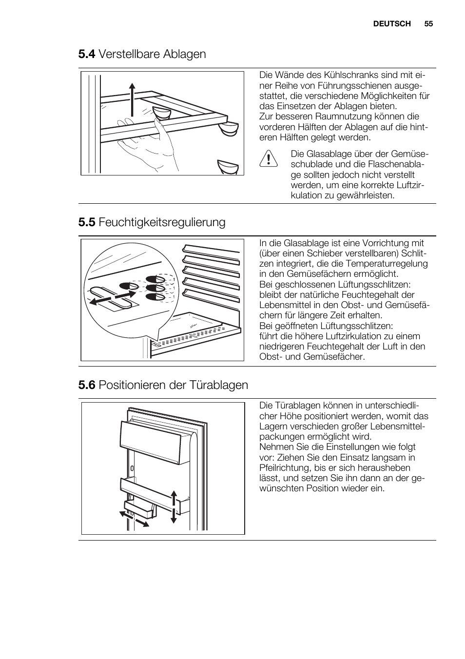 4 verstellbare ablagen, 5 feuchtigkeitsregulierung, 6 positionieren der türablagen | Electrolux ERN1404FOW User Manual | Page 55 / 68