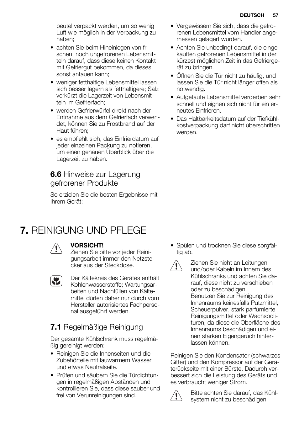 Reinigung und pflege, 6 hinweise zur lagerung gefrorener produkte, 1 regelmäßige reinigung | Electrolux ERN1404FOW User Manual | Page 57 / 68