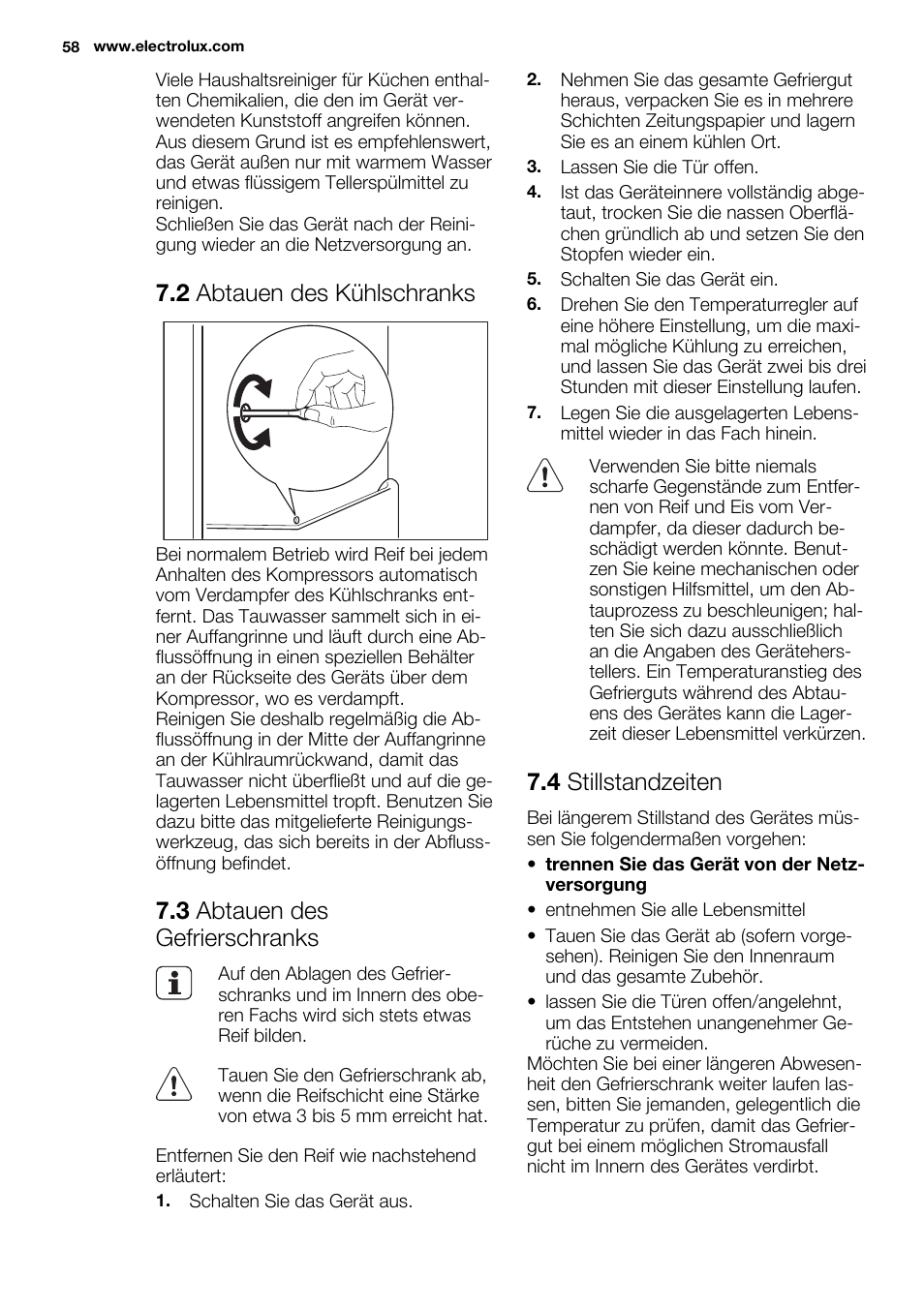 2 abtauen des kühlschranks, 3 abtauen des gefrierschranks, 4 stillstandzeiten | Electrolux ERN1404FOW User Manual | Page 58 / 68