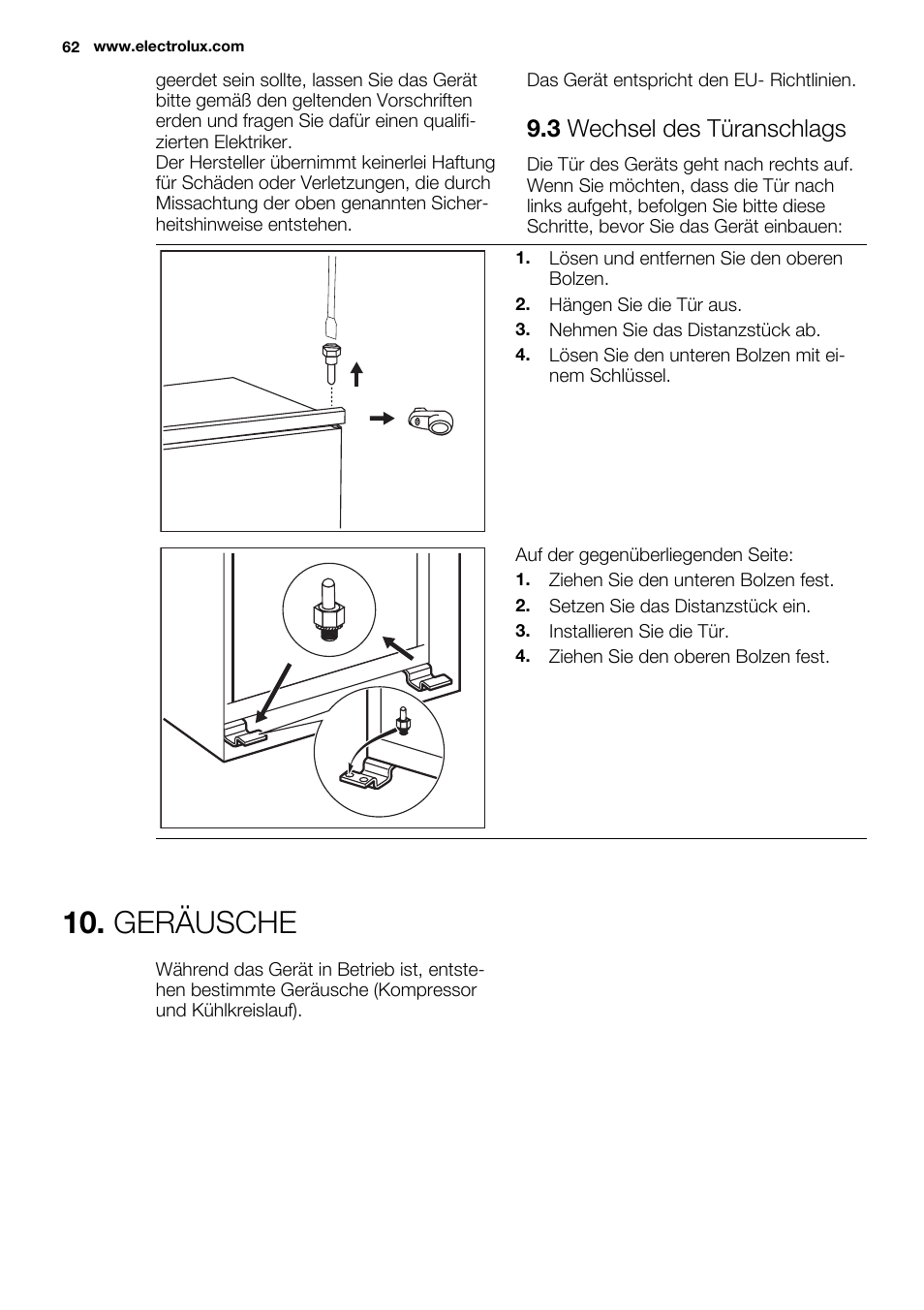 Geräusche, 3 wechsel des türanschlags | Electrolux ERN1404FOW User Manual | Page 62 / 68